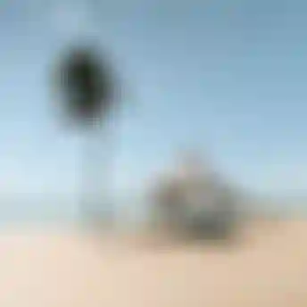 A beach scene with palm trees, a large triangular tent labeled "Duotone," and blue sky.