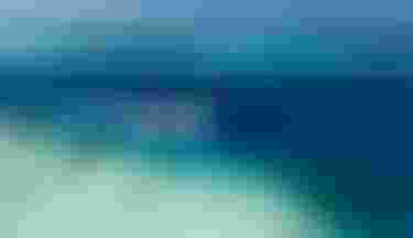 Aerial view of multiple colorful kite surfers gliding over crystal-clear turquoise tropical waters near a coral reef.