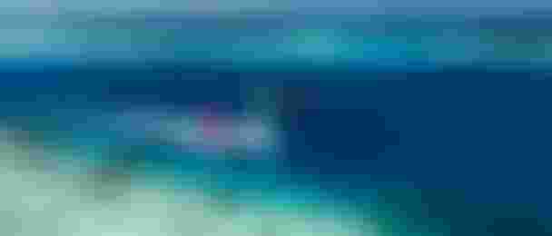 Aerial view of multiple colorful kite surfers gliding over crystal-clear turquoise tropical waters near a coral reef.