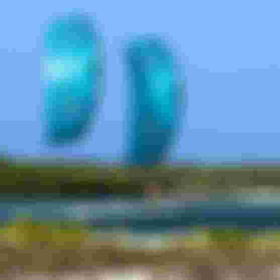 Two kitesurfers riding turquoise waters with large blue Duotone kites against a clear sky near a tropical shoreline.