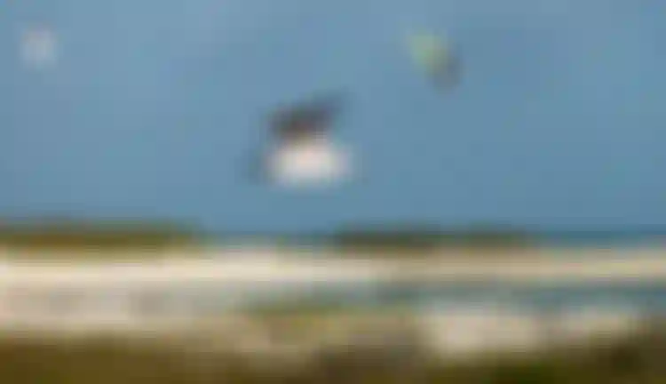 Kitesurfer airborne with a yellow-green kite over a coastal lagoon, seabirds in flight, white sandy shore and turquoise water below.