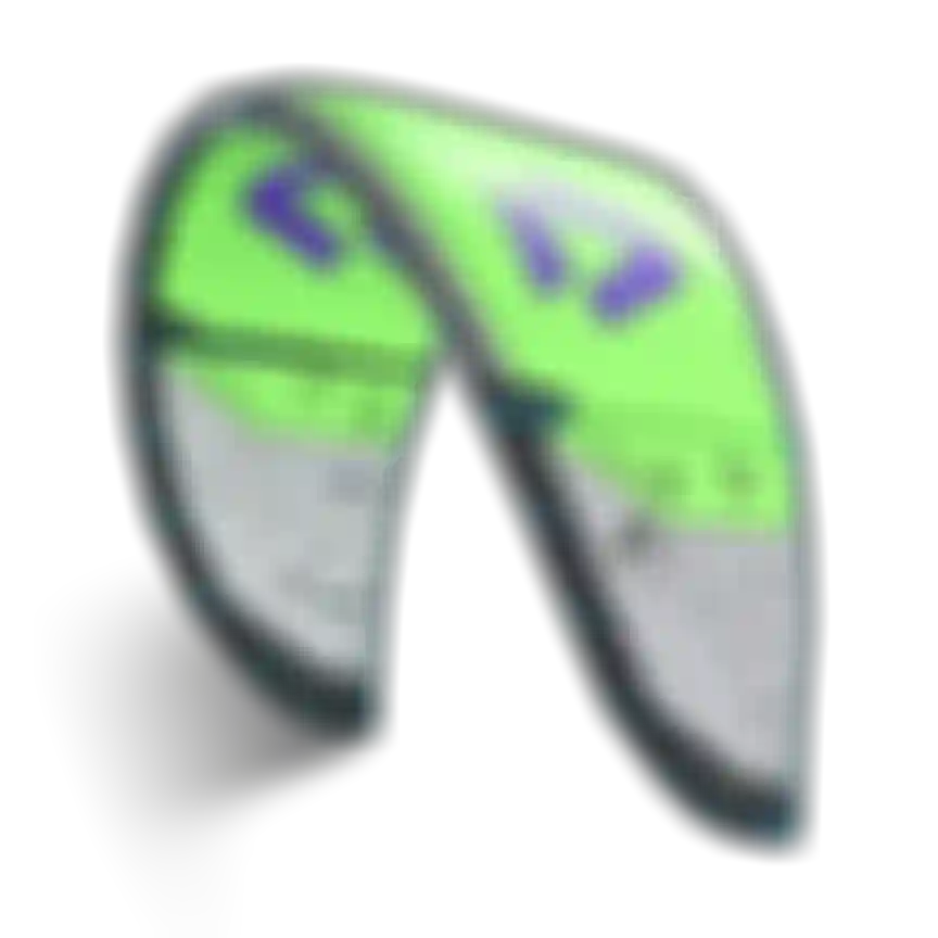 Duotone SLS 10m² kiteboarding kite in green, grey, and purple with structured canopy panels and dark inflatable frame.