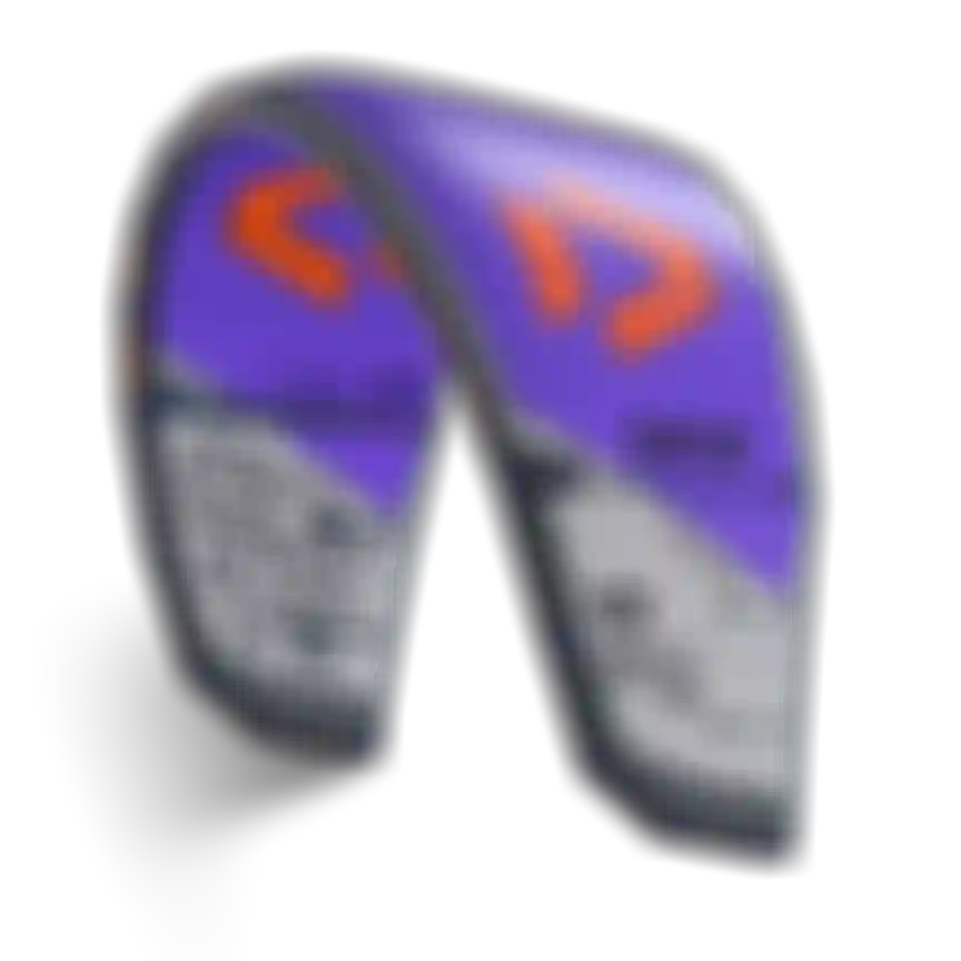 Duotone Dice 10m freestyle wave kiteboarding kite in purple, grey, and orange on a white background.