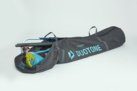 Duotone Windsurfing Quiver Flight.Light quiver bag in dark charcoal grey with teal and yellow-green