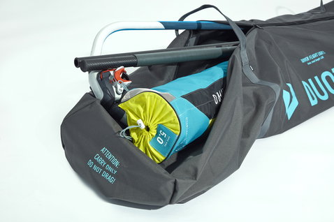 Duotone Windsurfing Quiver Flight.Light quiver bag in charcoal grey with teal and lime yellow