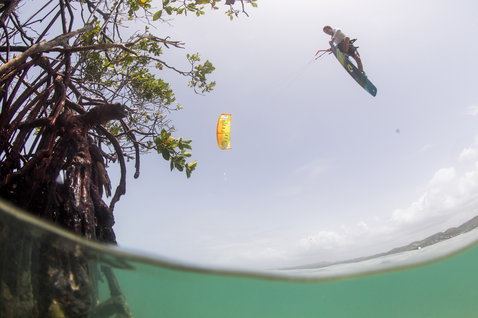 Duotone Vegas LEI kite durante kitesurf en una laguna costera tropical con manglares