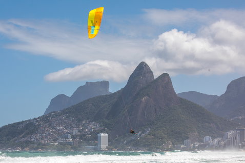 Duotone Evo 2019 LEI kite during kitesurfing on the beach near Rio de Janeiro