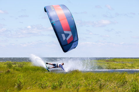 Duotone Vegas LEI kite during kitesurfing in a coastal wetlands flat water lagoon