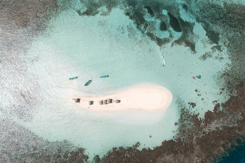 Duotone Rebel SLS LEI kite during kitesurfing over a tropical sandbar and coral reef