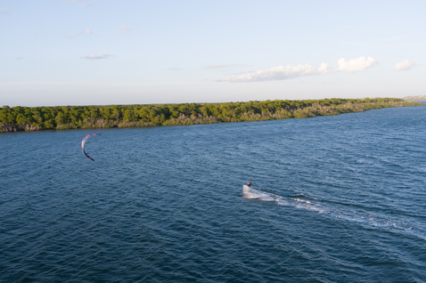 Duotone Mono LEI kite durante il kitesurf su una laguna con riva boscosa