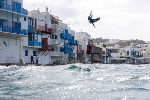 Duotone Jaime SLS twin-tip kiteboard during kitesurfing at the waterfront of Mykonos, Greece