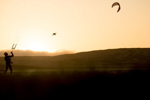 Duotone Evo D/LAB LEI kite during kitesurfing at the desert coastal lagoon in Namibia