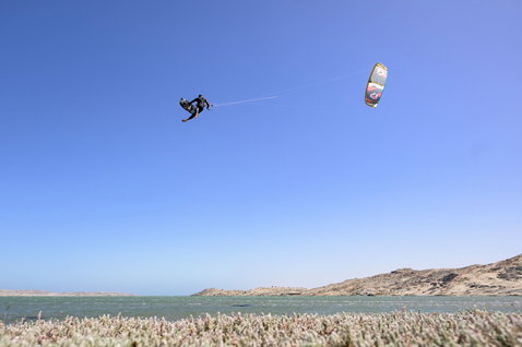 Duotone Evo D/LAB LEI kite during kitesurfing at the coastal lagoon in Namibia