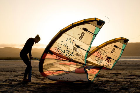 Duotone Evo D/LAB LEI kite 8m during kitesurfing at the ocean beach and flat lagoon