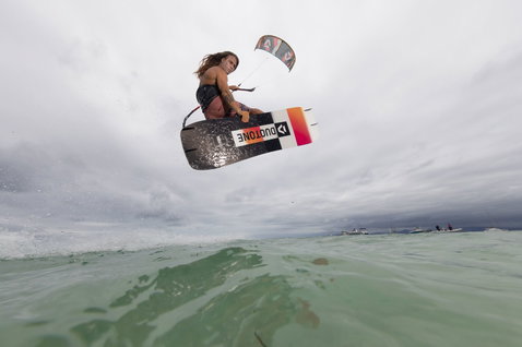 Duotone Ultraspike twin-tip kiteboard during kitesurfing on the ocean