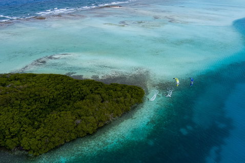 Duotone Jaime twin-tip kiteboard during kitesurfing at a tropical ocean lagoon near a mangrove island