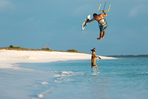 Duotone Select SLS twin-tip kiteboard during kitesurfing at a tropical beach in shallow turquoise water