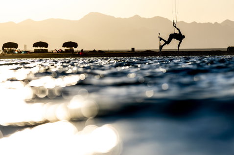 Duotone Shred twin-tip kiteboard during kitesurfing at the ocean in Egypt (Red Sea)