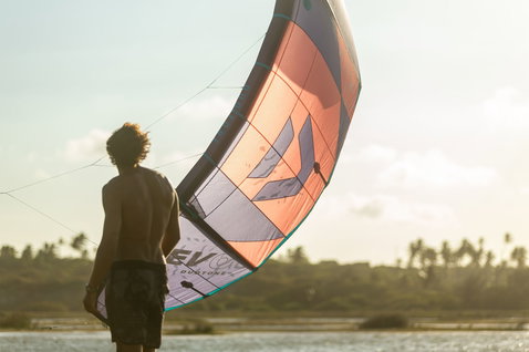 Duotone Evo LEI Kite beim Kitesurfen an einem tropischen Strand mit Palmen