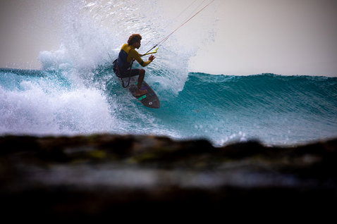Duotone Neo Concept Blue LEI kite during wave riding at the ocean beach