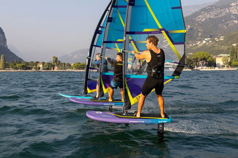 Duotone Stingray SLS windsurf board during wing foiling at Lake Garda, Italy