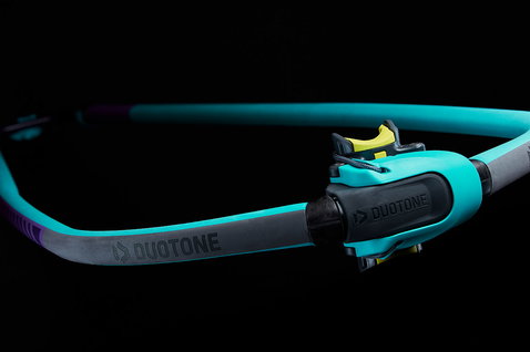 Duotone Platinum Series SLS SLS windsurf boom in black with teal, cyan and yellow accent