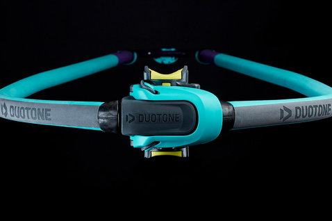 Duotone Platinum Series SLS windsurf boom in black with teal, grey, yellow-green and purple