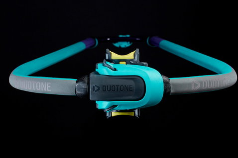 Duotone Platinum Series SLS windsurf boom in near black with teal, grey, yellow-lime and purple