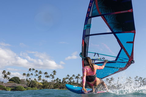 Duotone Ultra FreeWave 2025 windsurf board during wave riding on ocean beach