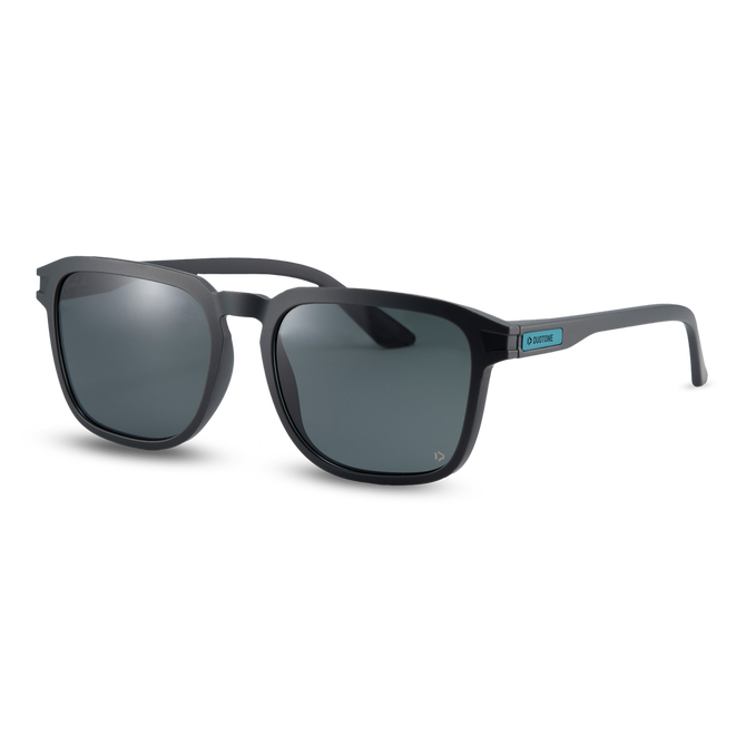 Óculos de sol em preto fosco com detalhes cyan/teal e lentes cinza escuro