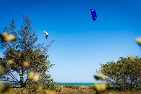 Duotone Evo SLS LEI kite durante il kitesurf su una spiaggia costiera con vegetazione e oceano