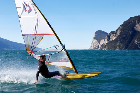 Duotone Blast SLS windsurf board during windsurfing on Lago di Garda in Italy