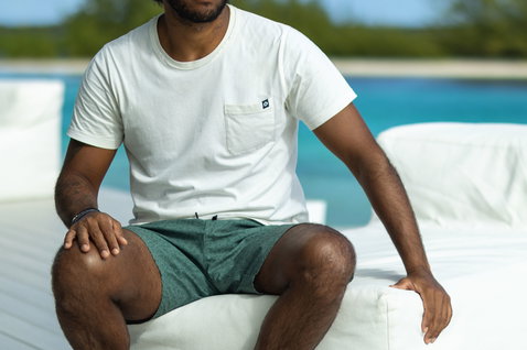 Duotone Apparel Tee Pocket SS Concept Blue short sleeve t-shirt for men in undyed natural off-white at tropical poolside