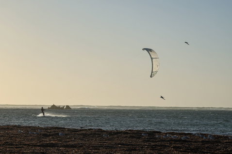 Duotone Evo Concept Blue LEI kite lors du kitesurf sur plage océanique avec côte rocheuse