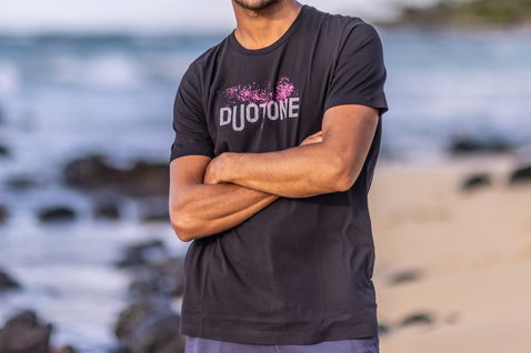 Duotone Apparel Tee SS True Team t-shirt during standing pose at ocean beach