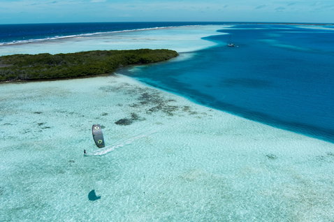 Kite LEI Duotone Evo D/LAB durante il kitesurf in una laguna tropicale con acqua turchese e mangrovie
