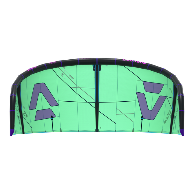 Duotone Dice SLS LEI kite 13m in mint green with dark charcoal leading edge, deep purple and teal blue