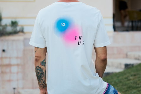 Duotone Originals Graphic men's T-shirt in white with cyan and pink graphic print, back view