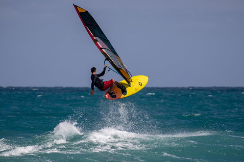 Duotone Ultra FreeWave SLS windsurf board during wave riding in the ocean