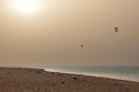 Duotone Rebel SLS LEI kite during kitesurfing at an ocean beach with sandy shore