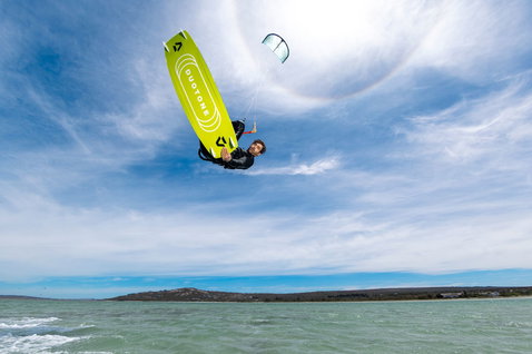 LEI kite while kitesurfing on the ocean beach and coastal lagoon