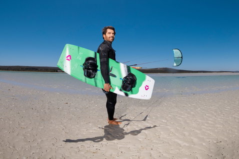 LEI kite during kitesurfing on the ocean beach and shallow lagoon