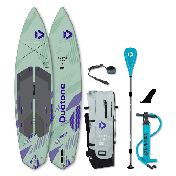 Duotone Blitz Air SLS iSUP touring package in mint green with paddle, pump and backpack