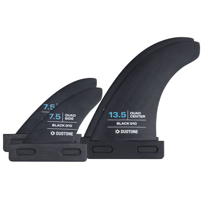 Duotone windsurf fins set Quad Side 7.5 and Quad Center 13.5 in matte black and cyan