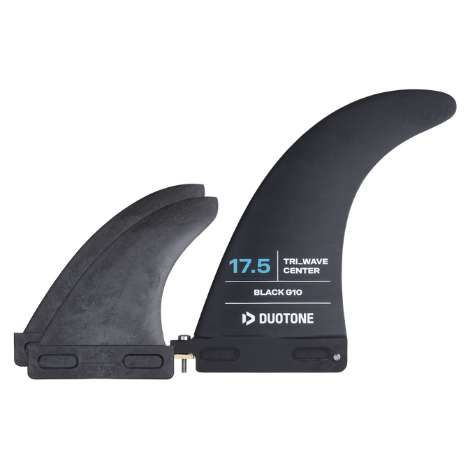 Duotone windsurf fin set tri in matte black with cyan blue lettering