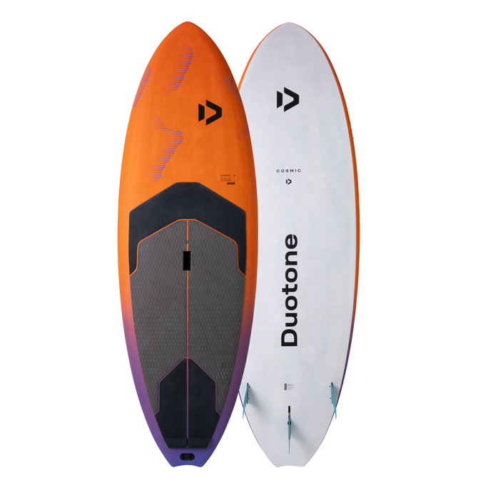 Duotone Cosmic SUP wave hardboard in orange and purple — deck and bottom view
