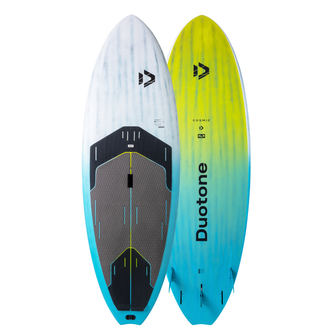 Duotone Cosmic SLS SUP wave hardboard deck and bottom view in cyan, lime and white