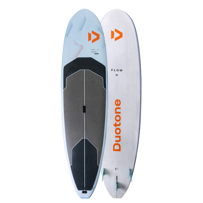 Duotone Flow SUP Board in hellblau und weiß, Deck und Unterseite, Custom CNC Konstruktion