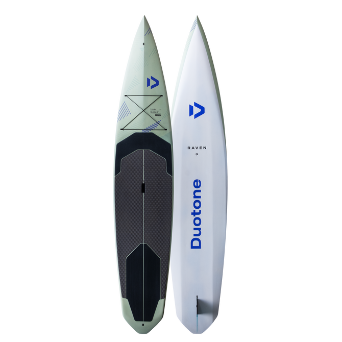 Duotone Raven composite SUP touring board 12'6" in sage green and white, deck and hull view
