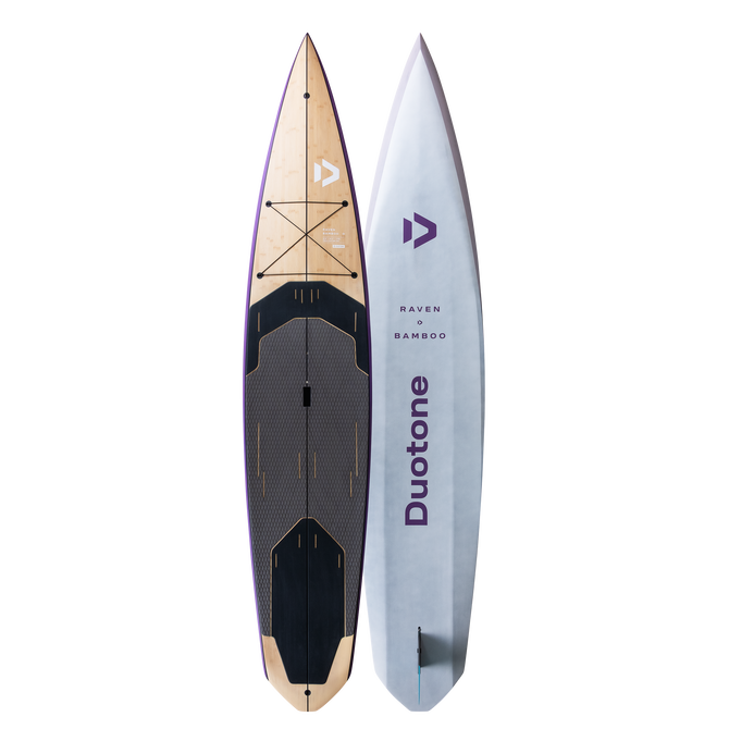 Stand up paddle Duotone Raven Bamboo 12'6"x28.5" en bambou naturel, gris-bleu pâle et violet — vue dessus et dessous